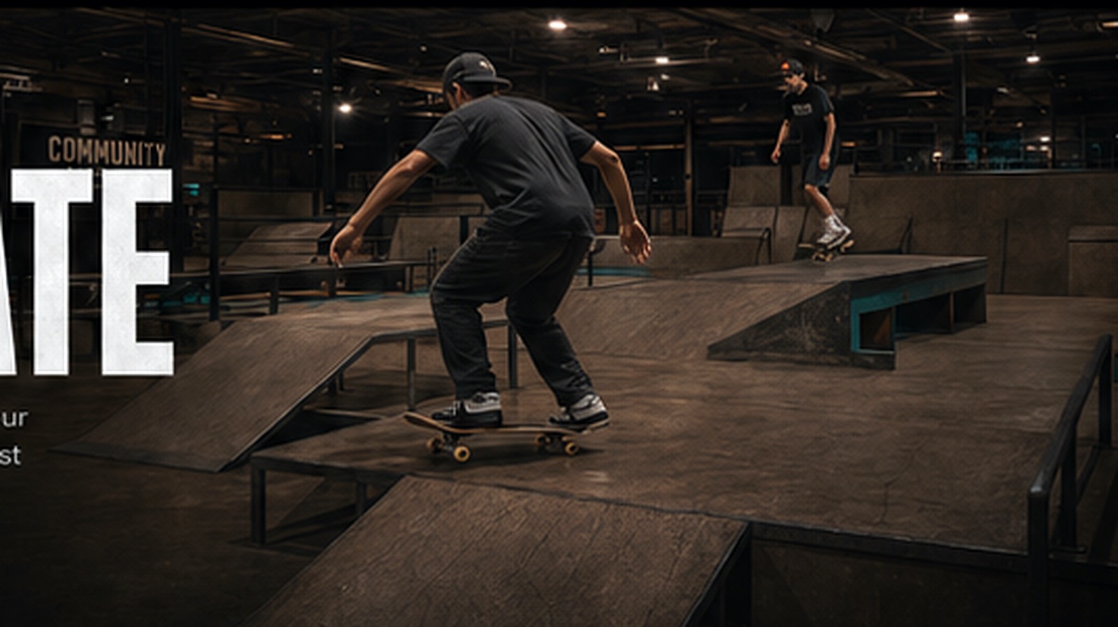 Skater practicando en el skatepark indoor de Community Skate Club durante Open Skate